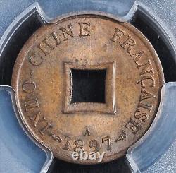 1897, French Indo China. Bronze 2 Sapeque (Cash) Coin. Top Pop! PCGS MS-64 BN