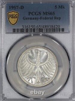 1957-D Germany 5 Mark coin, PCGS MS65, top pop