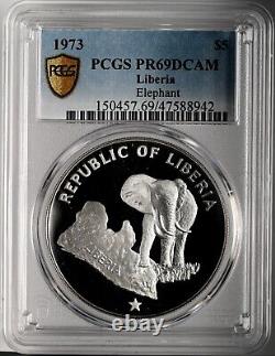 1973 $5 Proof Silver Liberia Elephant Pcgs Pr69 Dcam #47588942 Top Pop