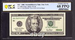 2001 $20 Federal Reserve Note New York Fr. 2088-b Pcgs B Superb 68 Ppq Top Pop