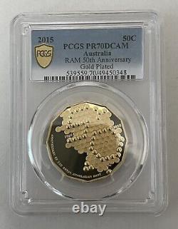 Australia 2015 RAM 50th Anniversary 50c Gold Plated PCGS Graded PR70DCAM TOP POP