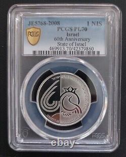 ISRAEL SILVER 1 SHEQEL PL COIN 2008 KM#441 60th INDEPENDENCE PCGS PL70 TOP POP