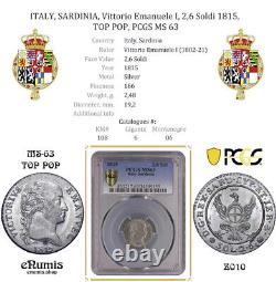 ITALY, SARDINIA, Vittorio Emanuele I, 2.6 Soldi 1815, TOP POP, PCGS MS 63