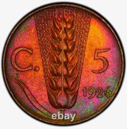 MS64RB 1926-R Italy Copper 5 Centesimi, PCGS- Vivid Rainbow Toned SOLO TOP POP