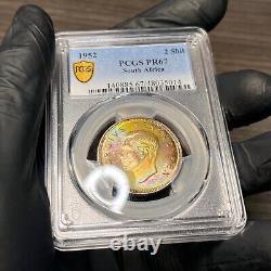 PR67 1952 South Africa 2 Shilling Silver Proof PCGS- NEON Rainbow Toned TOP POP