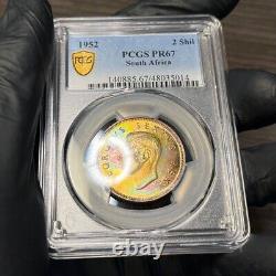 PR67 1952 South Africa 2 Shilling Silver Proof PCGS- NEON Rainbow Toned TOP POP