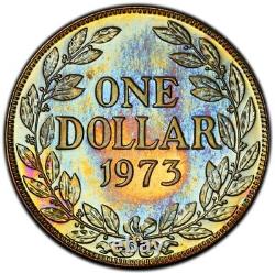 PR67 1973 Liberia Proof Dollar, PCGS Trueview- Rainbow Toned SOLO TOP POP