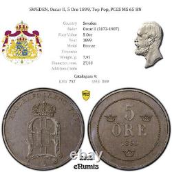 SWEDEN, Oscar II, 5 Ore 1899, Top Pop, PCGS MS 65 BN