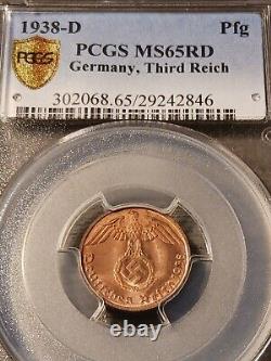 TOP POP PCGS MS65RD 1938-D German 1 Reichspfennig J-361 Unc RED 1Pfg Munich Mint