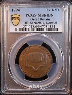 1794 Grande-Bretagne Norfolk, Norwich Conder 1/2 Penny PCGS MS64 Rare Top POP
