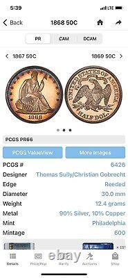 1868 PCGS PR66 Demi-dollar assis en argent GEM PROOF + Pièce TON TOP POP impressionnante