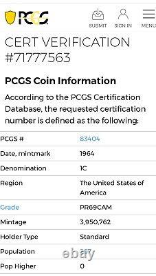 1964 1C Proof Lincoln Cent PCGS PR69 CAM Cameo TOP POP Basse Population 267