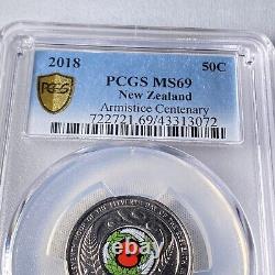 2018 Pièce commémorative du centenaire de l'armistice de la Nouvelle-Zélande de 50 cents, évaluée par PCGS MS69 TOP POP