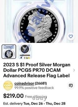 Dollar Morgan S de 2023 PCGS PR70 DCAM? AVANCÉE? DRAPEAU - RARE - MEILLEURE POP