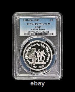 EGYPTE. 1986, 5 livres, argent PCGS PR69 Top Pop? AFCON CAF Football? 1406