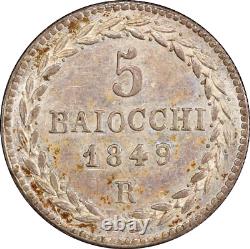 États pontificaux 5 baiocchi 1849 R, PCGS MS62, Pape Pie IX (1846 1878) Top Pop