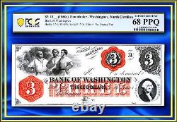 INA Banque de Caroline du Nord de Washington $3 US PCGS 68 PPQ Top-Pop Meilleur connu.