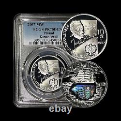 POLOGNE. 2007, 10 Zlotych, Argent PCGS PR70 Top Pop? Joseph Conrad, Hologramme