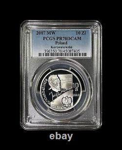 POLOGNE. 2007, 10 Zlotych, Argent PCGS PR70 Top Pop? Joseph Conrad, Hologramme