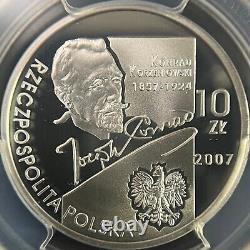 POLOGNE. 2007, 10 Zlotych, Argent PCGS PR70 Top Pop? Joseph Conrad, Hologramme