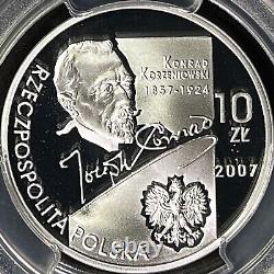 POLOGNE. 2007, 10 Zlotych, Argent PCGS PR70 Top Pop? Joseph Conrad, Hologramme