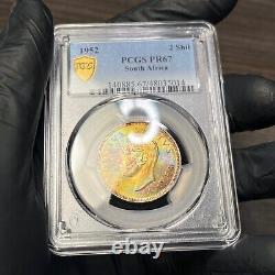 PR67 1952 Afrique du Sud 2 Shilling Argent Preuve PCGS- Tonalité Arc-en-ciel NÉON MEILLEUR POP