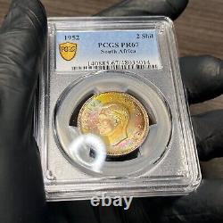 PR67 1952 Afrique du Sud 2 Shilling Argent Preuve PCGS- Tonalité Arc-en-ciel NÉON MEILLEUR POP