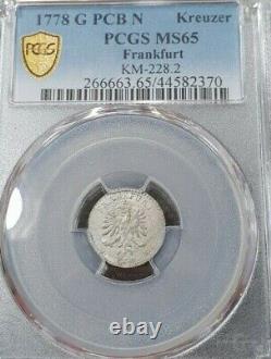 Pièce d'argent rare de 1 Kreuzer de PCGS Frankfurt 1778 MS 65 Allemagne avec un lustre complet et une popularité élevée