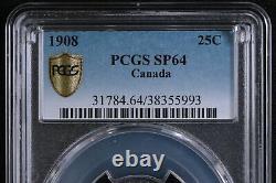 Pièce de monnaie en argent d'épreuve du Canada de 25 cents de 1908 d'Edward VII notée SP64 par PCGS, la meilleure note possible