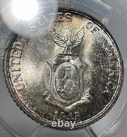 Pièce de monnaie en argent de 20 centavos des États-Unis/Philippines de 1945 PCGS MS67+ tonifiée 20C Top Pop 7/0