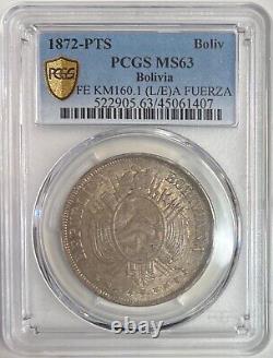 Pièce en argent Boliviano PCGS MS63 L/E A Fuerza Error FE KM160.1 Top Pop de 1872