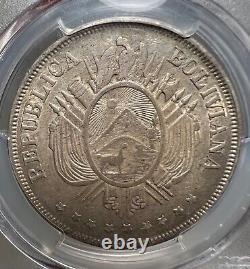 Pièce en argent Boliviano PCGS MS63 L/E A Fuerza Error FE KM160.1 Top Pop de 1872