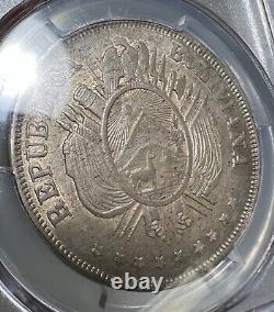 Pièce en argent Boliviano PCGS MS63 L/E A Fuerza Error FE KM160.1 Top Pop de 1872