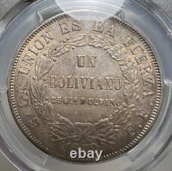 Pièce en argent Boliviano PCGS MS63 L/E A Fuerza Error FE KM160.1 Top Pop de 1872