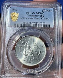 Tchécoslovaquie 50 Korun 1973 Argent PCGS MS67 Top Pop Victoire du Parti Communiste