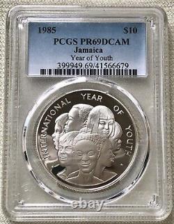 Top Pop Jamaïque 1985 $10 Argent Année de la Jeunesse Profonde Cameo Épreuve Pcgs Pr 69 Dcam