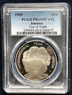 Top Pop Jamaïque 1985 $10 Argent Année de la Jeunesse Profonde Cameo Épreuve Pcgs Pr 69 Dcam